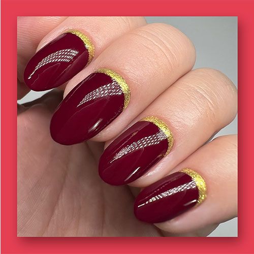 Christmas Nail art manicure. Winter Holiday style bright Manicure with gems  Christmas tree and snowflakes. Bottle of Nail Polish Stock Photo - Alamy