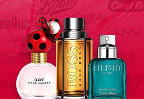 Marc Jacobs, Hugo Boss and Calvin Klein products on a red background