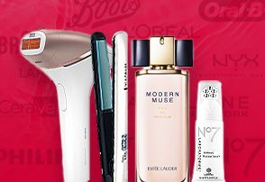 Philips, Remington, Estee Lauder and Number 7 products on a red background