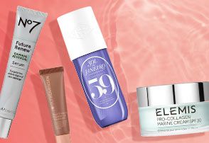 Number 7, Ole Henriksen, Sol de Janeiro and The Ordinary products on a pink pool water background