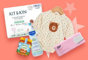 Baby products on a coral background