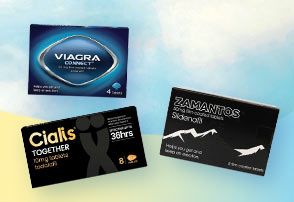 Eroxon, Viagra and Zamantos products on a blue and rainbow background