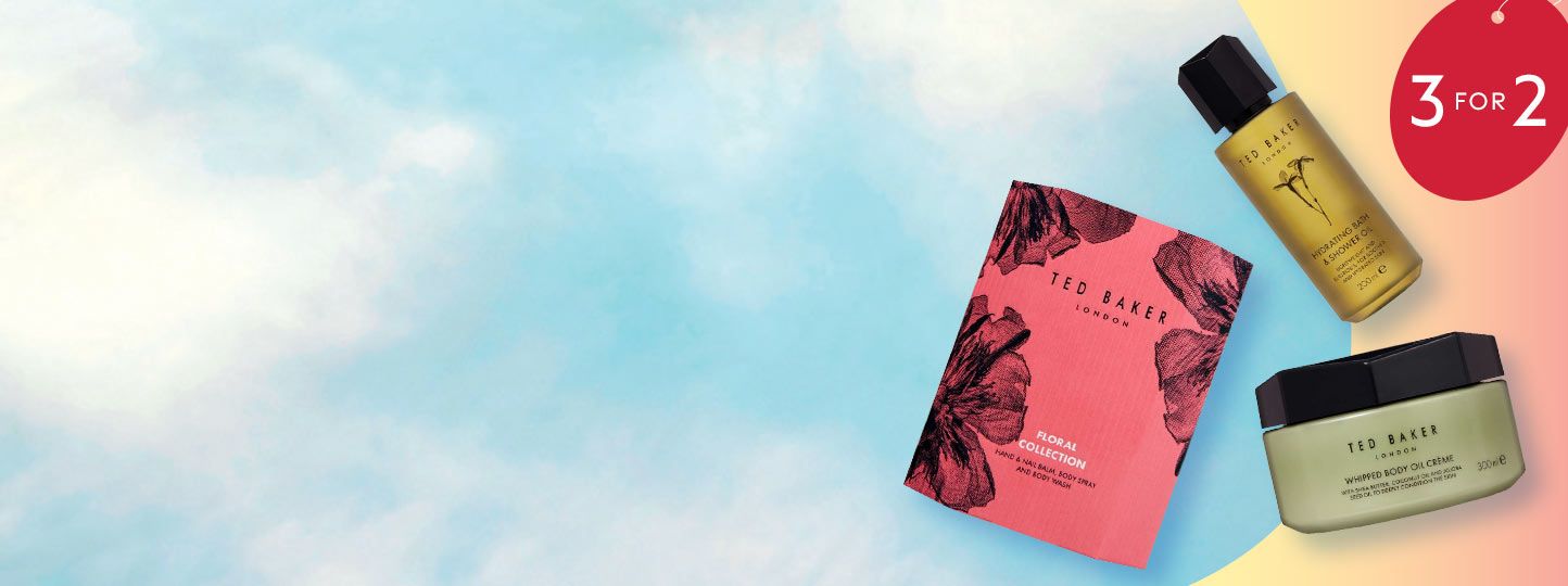 Ted Baker products on a blue and rainbow background