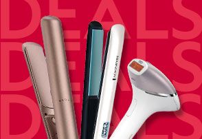 Philips and Braun products on a red background